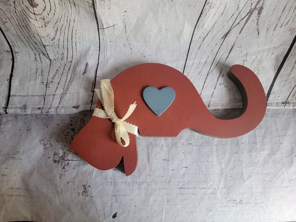 Wooden 10in 1in Thick Cat Silhouette Red with Blue Heart countrycore Read